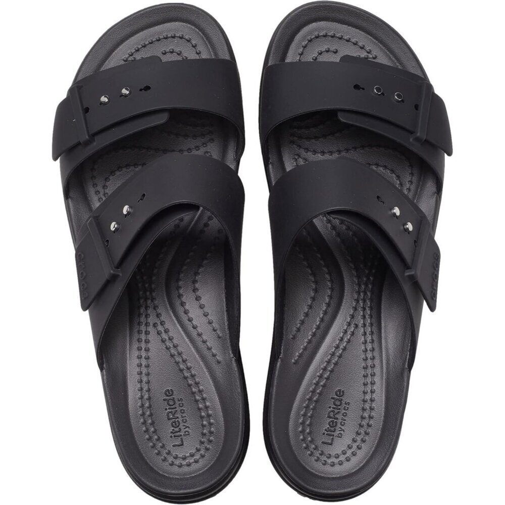 Women's Slide Sandals Black Cushioned Wedge Heel Classic Comfort Slip On Shoes - Picture 2 of 6